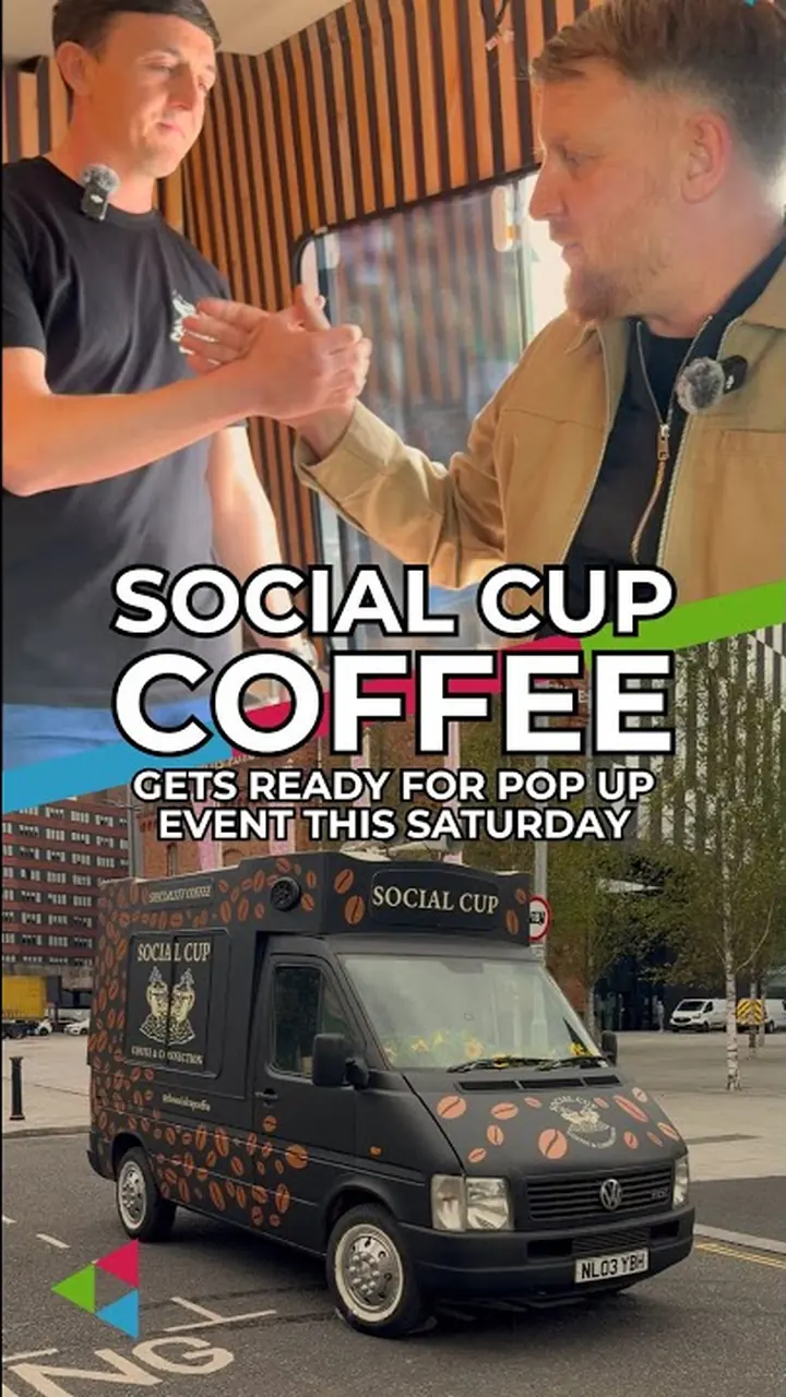 Connor being interviewed by The Guide Liverpool beside the Social Cup van